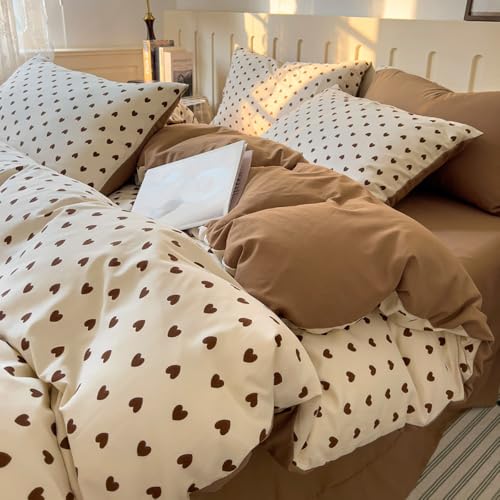 Covebett Housse de Couette 240x260 Cœur Marron et Blanc Cœur d'amour Romantique Parure de Lit Adulte 2 Personnes Coeur Microfibre Linge de lit avec Fermeture...