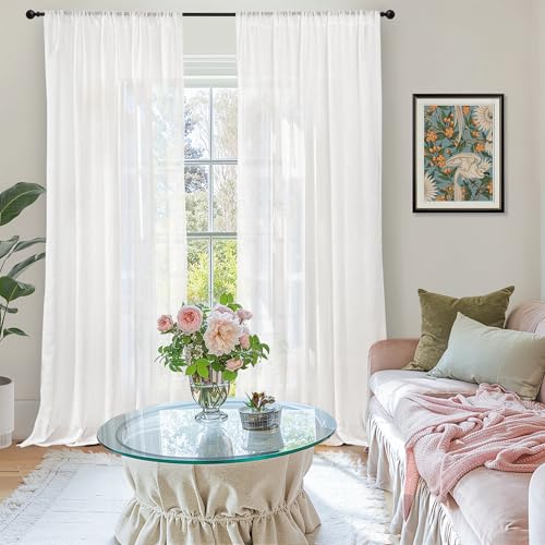 Image of BGment White Linen Semi Sheer Curtains 84 Inch Length for Living Room | Rod Pocket Light Filtering Drapes for Bedroom Dining Long Window Treatments Lightweight, 2 Panels Set, 52 X 84 Inch
