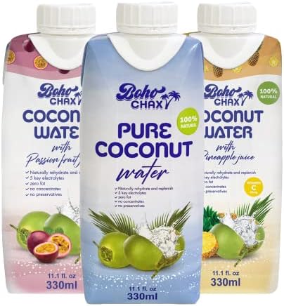 100% Natural Pure Coconut Water Flavor Bundle | Not From Concentrate | Replenish Essential Vitamins and Electrolytes for Superior Hydration | 11.16 Fl Oz Cartons by Boho Chax