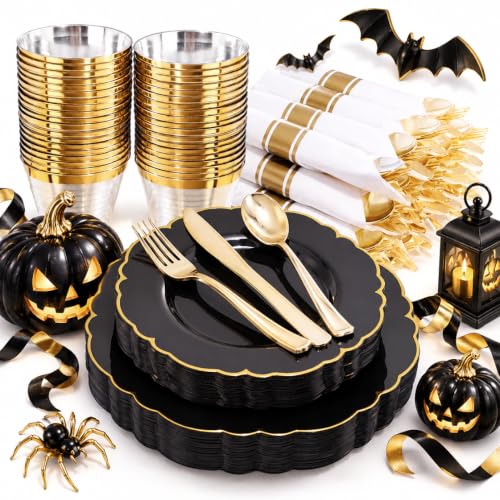 Morejoy 175PCS Black and Gold Plastic Plates, Black Plastic Dinnerware Set