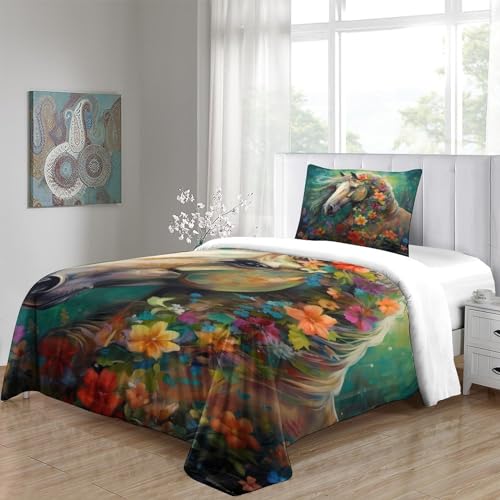 Housse de couette imprimé animal fleurs et chevaux avec fermeture éclair