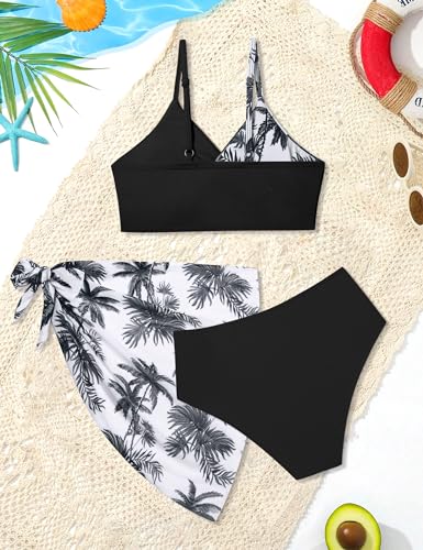 Image of Girls Swimsuit, Bathing Suits 3 Piece Tropical Floral Twist Cross Bikini Sets Girls' Swimwear with Cover Up Skirt 7-16T