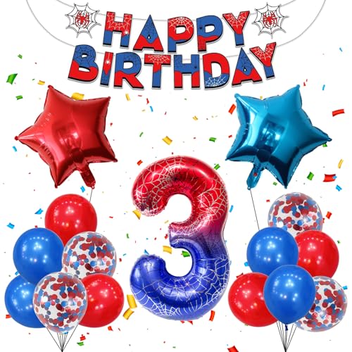 Spider Geburtstagsdeko 3 Jahre Set, Spinnen-Motiv Luftballons Set mit Folienballon Zahl 3, Banner Wimpelkette, Sternfolienballons, Rote Blaue Latex & Glitzerballons für Kinderparty