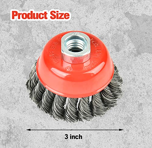 Image of Aain 10 Pack Wire Wheel Cup Brush, 3 Inch Twisted Knotted Wheel Cup Brush with 5 /8 inch-11 Threaded Arbor for Angle Grinder, Max RPM 12,500, 0.020in Carbon Steel for Rust Removal, Abrasives