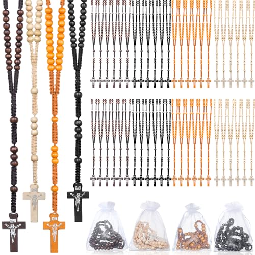 48 Pcs Wooden Rosary Beads Necklace, Catholic Rosary with Jesus Cross First Communion Rosary Bulk Wooden Rosary Beads with Organza Bags Catholic Gift Baptism Favors for Women Men (Multicolor)