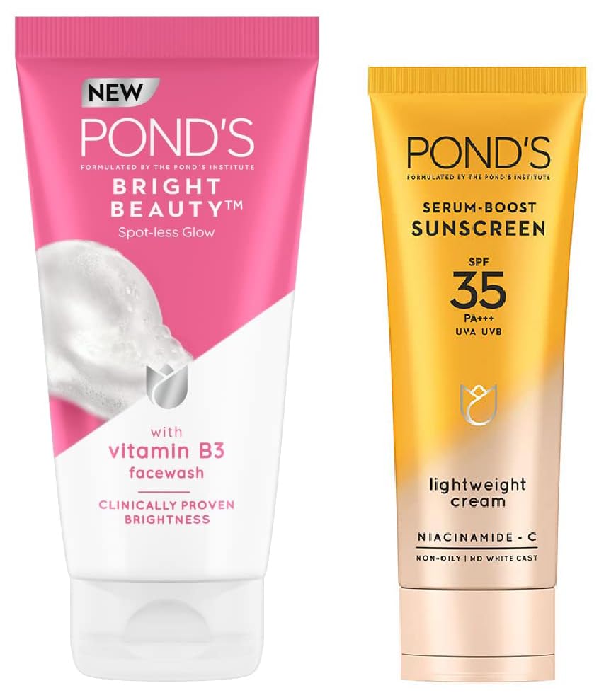 POND'S Serum boost sunscreen prevent and fade dark patches & Ponds Bright Beauty Spotless Glow Facewash with Vitamin B3 150g Combo