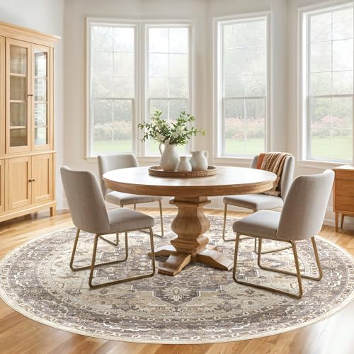 Round Rug Living Room Rugs: 8Ft Washable Boho Neutral Large Circle Soft Indoor Floral Stain Resistant Floor Farmhouse Carpet for Bedroom Nursery Kids Playroom Office Dining Room Dorm Home- Beige Brown