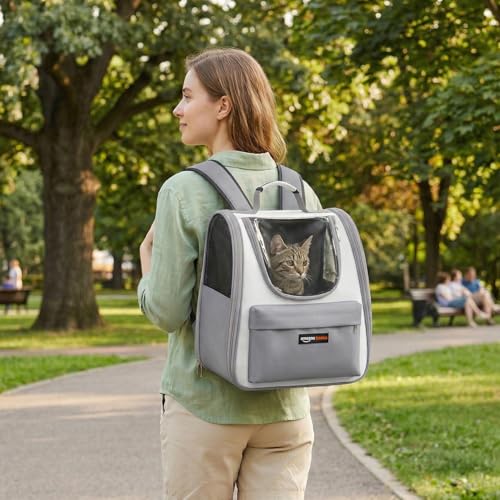 Image of Amazon Basics Cat Carrier Bag | Lightweight Soft-Sided Pet Travel Carrier with Transparent Window | Ventilated | Portable Hand & Shoulder Carry Bag for Cats & Small Pets | Grey | 36Lx21.5Wx32.5H cm