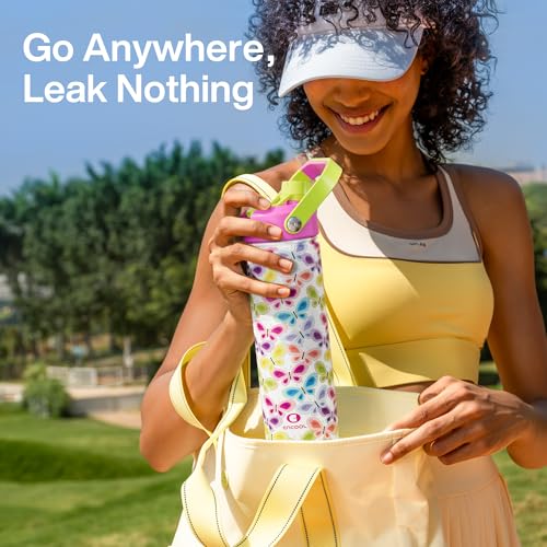 Image of ENCOOL Insulated Water Bottle with Straw Stainless Steel Water Bottle, Leak-Proof, BPA-Free, Double Wall Vacuum Keeps Cold for 24 Hours for Sports, Travel, School (26 oz, Rainbow Butterfly)