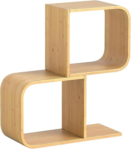 Miniatura 7 de Estantería geométrica moderna de bambú de 4 niveles en forma de S, gran capacidad, estante curvado, mesita de noche 2 en 1, estantería de