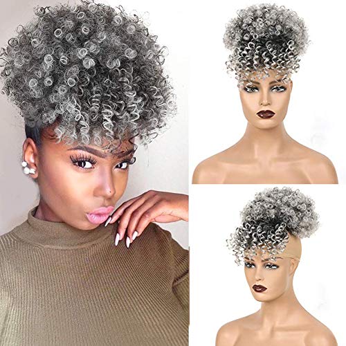 Afro High Puff Hair Drawstring Ponytail Bun with Bangs Heat Resistant Short Kinky Curly Ponytail Updo Hair Extensions with Two Clips, for African American Women (1BT0906#)