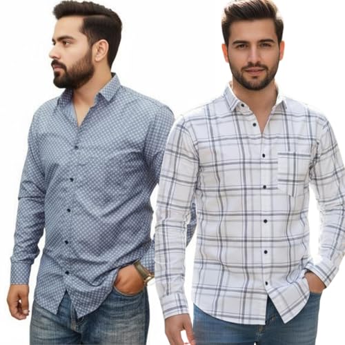 Image of Pack of 2 Men's Cotton Fabric Button Down Full Sleeve Collar Neck Regular Fit Check & Dotted Printed Combo Shirt