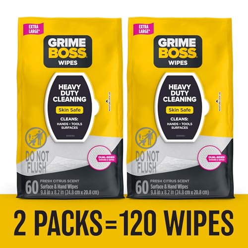 Image of Grime Boss Heavy Duty Surface and Hand Wipes (2x60ct) | Remove Paint, Oil, Grease, Adhesives, Mud, Dirt | Workshop Replace Cleaners like Rags, Towels, Pumice, Soap