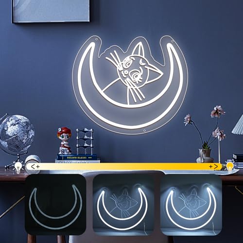 Image of ENUOLI LED Cat Neon Signs,Cute Cat Neon Lamps Dimmable Cool White Moon Shaped Neon Lights USB Powered Cat Night Light Wall Decor for Cat Cafe Bedroom Living Room Birthday Gift for Friends