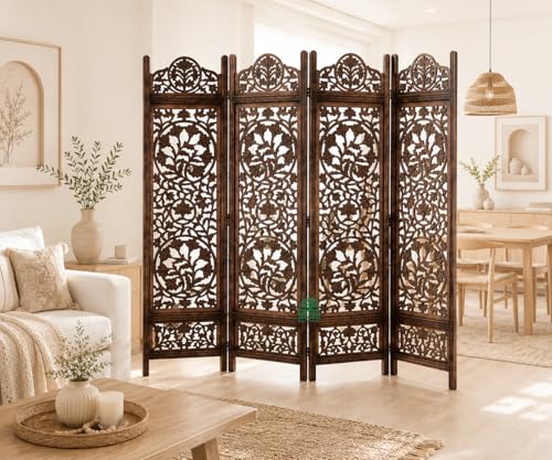 Image of Wooden Room Divider 6 Feet, 4-Panel Folding Wooden Partition for Living Room, Office, Pooja Room, Restaurant, Kitchen & Balcony (2W x 1.82H Meters). (Dark Brown)