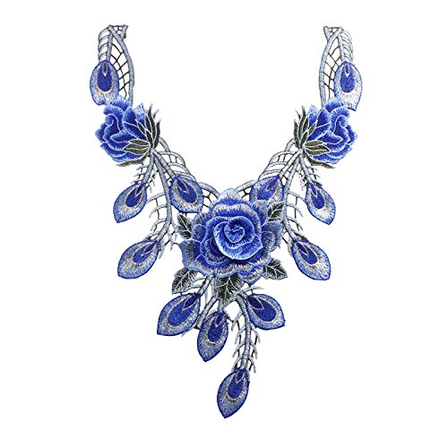 1piece Peacock 3D Flower Bridal Applique Lace Fabric Embroidery Cord Neck Collar Clothes Decoarted Sewing Supplies (Blue)
