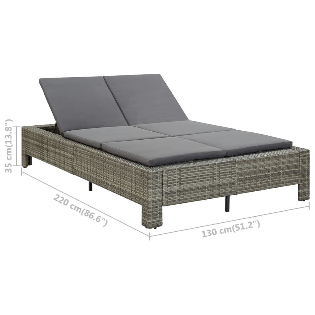 Lettino da giardino per 2 persone, in polyrattan, con cuscino grigio, resistente alle intemperie, per terrazza, balcone, piscina e campeggio, regolabile per un comodo relax