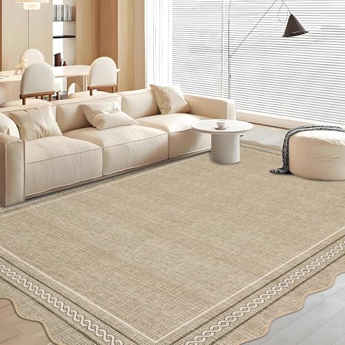 Garvee Scalloped Washable Large 10 x 14 Area Rug for Living Room Non Slip Bordered Rug Solid Neutral Soft Bedroom Rugs Large Low Pile Stain Resistant