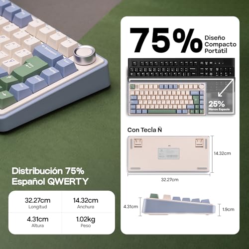 Image of EPOMAKER Aula F75 ISO-ES Wireless Mechanical Gaming Keyboard, 75% Spanish Layout with Knob, Creamy Gasket, Sound-Dampening, RGB, Hot-Swap, BT /2.4Ghz (Green)