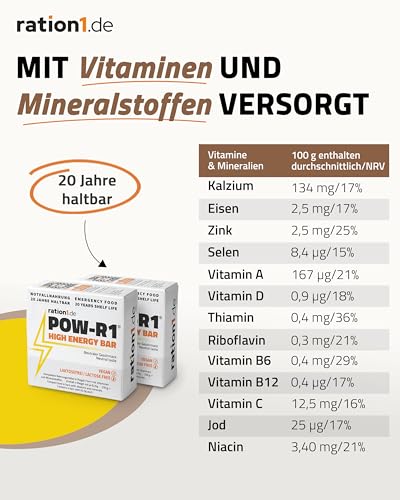 ration1, POW-R1 High Energy Bar, 250g Pack, 4 einzeln verpackte Riegel, Vegan, Laktosefrei, 20 Jahre haltbar, Outdoor Snack, Notnahrung, Energie Booster für Wandern, Radfahren