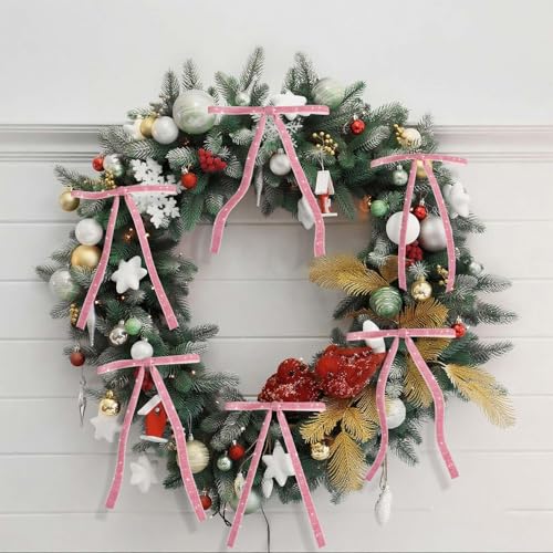 Image of 24 PCS Velvet Bows Christmas Ornaments Decorations, Sparkly Glittery Pink Velvet Bows Ornaments for Christmas Tree, Unique Elegant Xmas Home Holiday Decor for Tree Mantle Wreath Gift Wrap