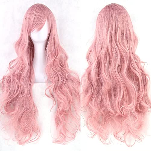 YEESHEDO 32" 80 cm Rouge Rose Cosplay Bouclé Perruque Femme, Longue Ondulée Synthétique Cheveux Cosplay Wig Anime Parti Halloween Perruques Cover