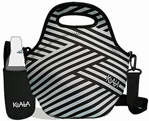 Neoprene Lunch Bags for Women with Shoulder Strap. Insulated Lunch Tote with Bottle Sleeve Set. Striped Black and White Women/Girls lunchbox. Women Lunch Bags Insulated for Work.