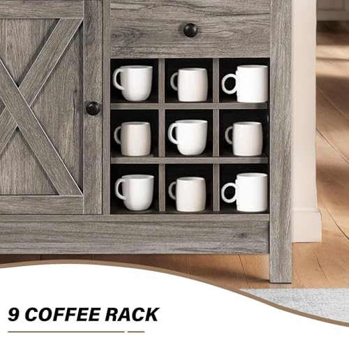 Farmhouse Coffee Bar Cabinet with Grey Barn Door and Wine Racks for Living and Dining Room