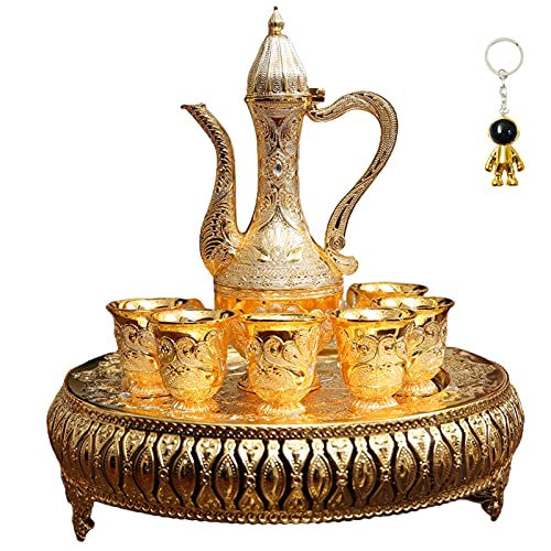 Turkish Coffee Cup and Tea Pot Set Including Teapot,Tea Tray,6 Metal Cups,Tea Service Set for Tea Table Decor,Hip Flask,Gift