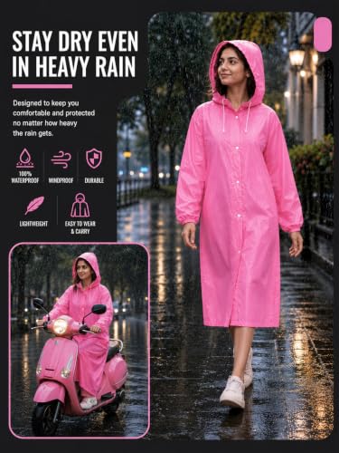Image of Hooded Waterproof Men's & Women's Raincoat, Lightweight Long Rain Jacket, Button Front, Windproof Outdoor Rainwear | Free Size | (1, PINK)