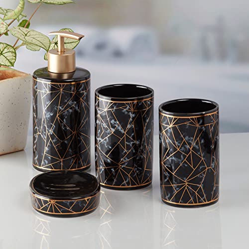 Image of SaSaSa Ceramic Bathroom Accessories Set of 4 Modern Bath Set with Soap Dispenser & Toothbrush Holder, Luxury Home & Gift Idea, Black /Gold (9757)