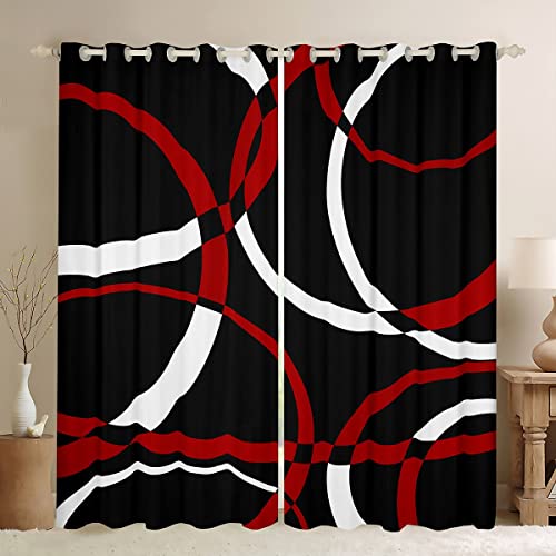 Black Red White Abstract Stripes Window Curtains Adult Women,Geometric Circle Curtains For Bedroom,Modern Retro Draperies For Living Room,Geometric Window Treatment Curtains Set Of 2 Panels,42Wx84L #TOP15
