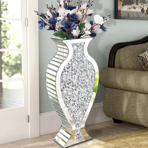 ALLARTONLY Tall Floor Vase S Crushed Diamond Mirrored Vase 27” Tall, Crystal Silver Glass Decorative Mirror Large Vase Luxury for Home Decor Flower Arrangement Can’t Hold Water.