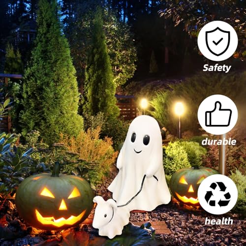 Ajuanbazha Halloween Ghost Walking Dog Statue, Geist mit Hunde Figur, Harz, 2024 Neue Halloween Dekoration, Junge