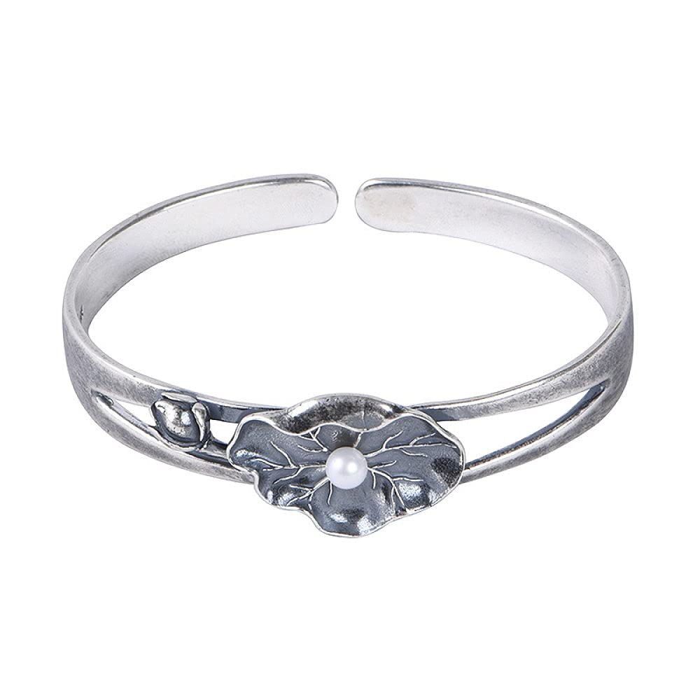 Silberarmreif für Damen, S925-Silberarmband, Vintage-Lotusblatt mit Perle, offener Armreif, Freundschaftsarmbänder, Sterlingsilber-Schmuck für Frauen, Freundin