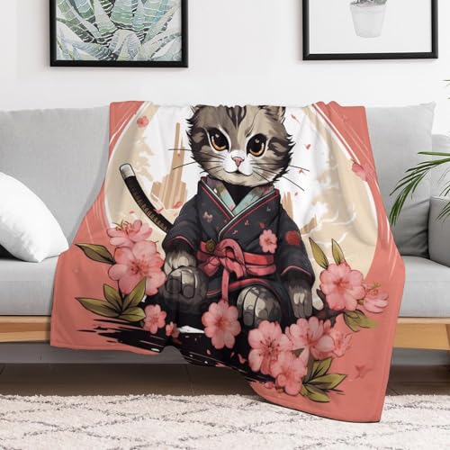 Couverture chat samouraï plaid flannel imprimé drap chaud 130x150cm machine - 3