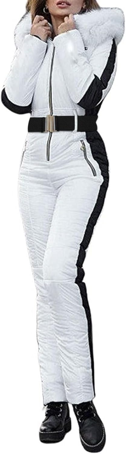 Women's One Piece Waterproof Ski Suit with Removable Faux Fur Collar, Insulated Snowsuit Jumpsuit