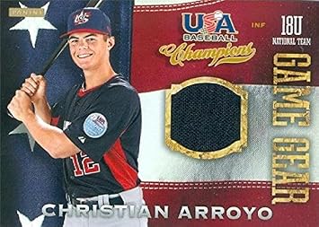 Sports Memorabilia Autograph Warehouse 345100 Christian Arroyo Player Worn Jersey Patch Baseball Card - San Francisco Giants, Team USA 2014 Panini Collegiate Game Gear No. 44 Rookie