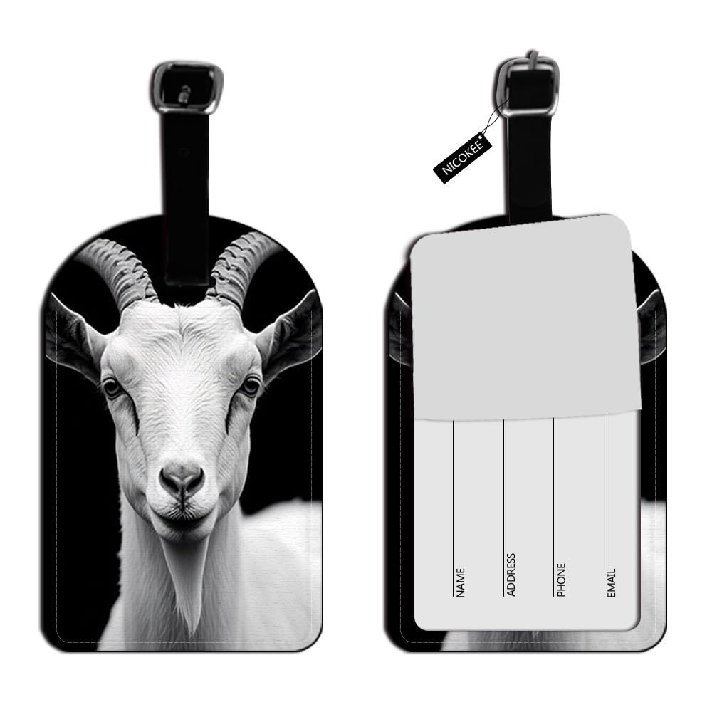 Nicokee Goat Head-Black and White Luggage Tag Leather Name ID Label with Back Privacy Cover for Travel Bag Suitcase - 1 pack