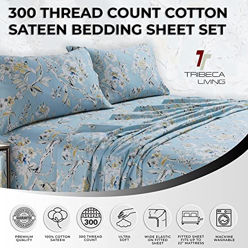 Tribeca Living King Bed Sheet Set, Soft Cotton Sateen Printed Sheets Floral Print, Extra Deep Pocket, 300 Thread Count, 4-Piece Bedding Sets, Colmar Sky Blue/Multi, (Colm4Psskisk) #TOP1