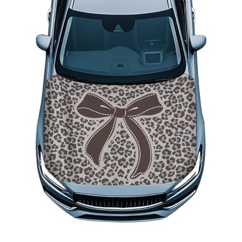 Image of Renewold Car Hood Cover,Vehicle Hood Wrap Blanket, Women Men Automotive Exterior Accessories, Easy Install Auto Decor for Outdoor Daily Festival Party Holiday, Grey Leopard Print Large Brown Bow