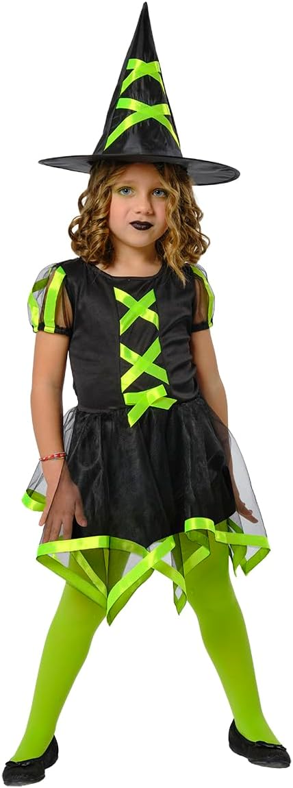 Rubies Bruja Cuca Verde para niñas, Halloween 1 Rubies Bruja Cuca Verde para niñas, Vestido y sombrero, Oficial Halloween