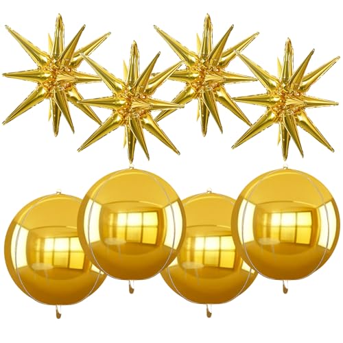 Image of TONIFUL 8 Pcs 22Inch Gold Large 4D Giant Round and Star Balloons Explosion Star Mylar Balloons Set for Backdrop Christmas New Year Birthday Wedding Bridal Shower Anniversary Photo Booth Supplies