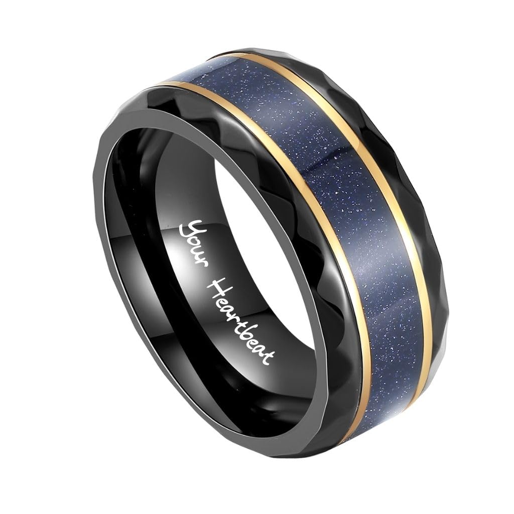 Engraved Blue Sandstone Promise Rings Set for Couples - Hexagon-Cut Matching Black Engagement Bands - His and Her Custom Rings