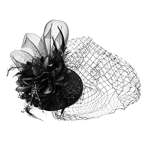 Serre-tête rigide avec bibi à dents pour femme, bandeau pour thé, chapeau en maille, plumes, pince à cheveux pour mariage, cocktail et deuil à l'église (noir, taille unique)