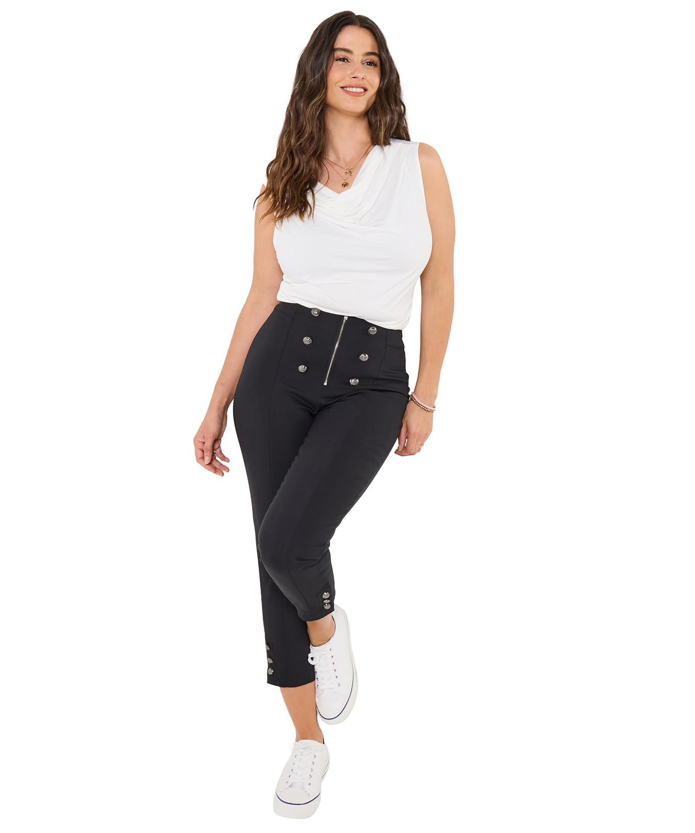 Joe Browns Women's Rock Chick Button Detail Capri Pants, Regular, Black, UK 8