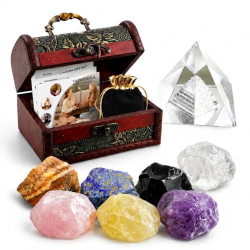 Crystals and Healing Stones, 9 Pcs Healing Crystals Set, 7 Chakra Crystal Stones Set Real Natural Selenite Pyramid Reiki Raw Rock Energy Protection Meditation with Wooden Box, Crystal Gifts for Women