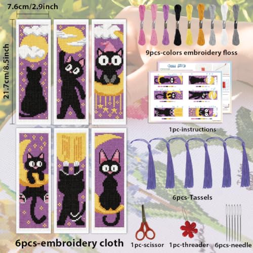 Image of ACRNIGHEET 6PCS Cross Stitch Bookmark Kit for Beginner Stamped Cross Stitch Kits for Adults Cute Cat & Moon DIY Tassel Embroidery Bookmark Kits Needlepoint Kit with Instructions Gift 8.5''x3'' 11CT