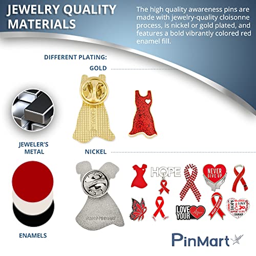 Pinmart Heart Disease Awareness Enamel Lapel Pin – Gold Plated Glitter Red Dress Pin – Support Heart Health – Jewelry Brooch Pin With Secure Clutch Back #TOP5
