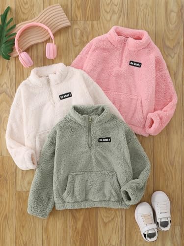 Image of Girls Sweatshirts Quarter-zip Sherpa Fleece Pullover Fuzzy Jacket | 3 Pack,Long Sleeve Half Zip Up Clothes,Soft Cozy Outerwear,Warm Fall Winter Clothing,Cute Kangaroo Pocket,Kids Teen 3-14Y